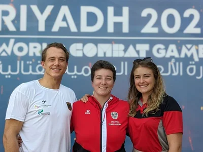 v.l.n.r Lukas Bombik, Bianca Feichtlbauer und Anja Guercke auf den World Combat Games